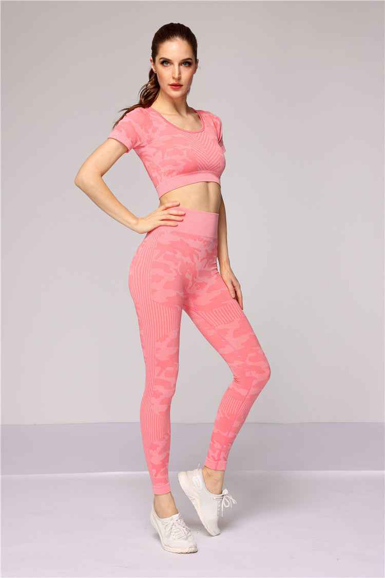 Seamless Sport Suit Women Fitness Yoga Set Workout Clothes Gym Short Sleeve Crop Top High Waist Leggings Running Sportswear - The Mindful Market