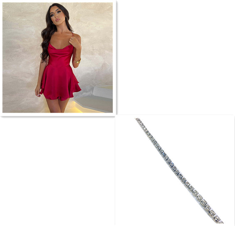 Elegant Slim Strap Satin Backless Lace Up A-Line Short Dress - The Mindful Market